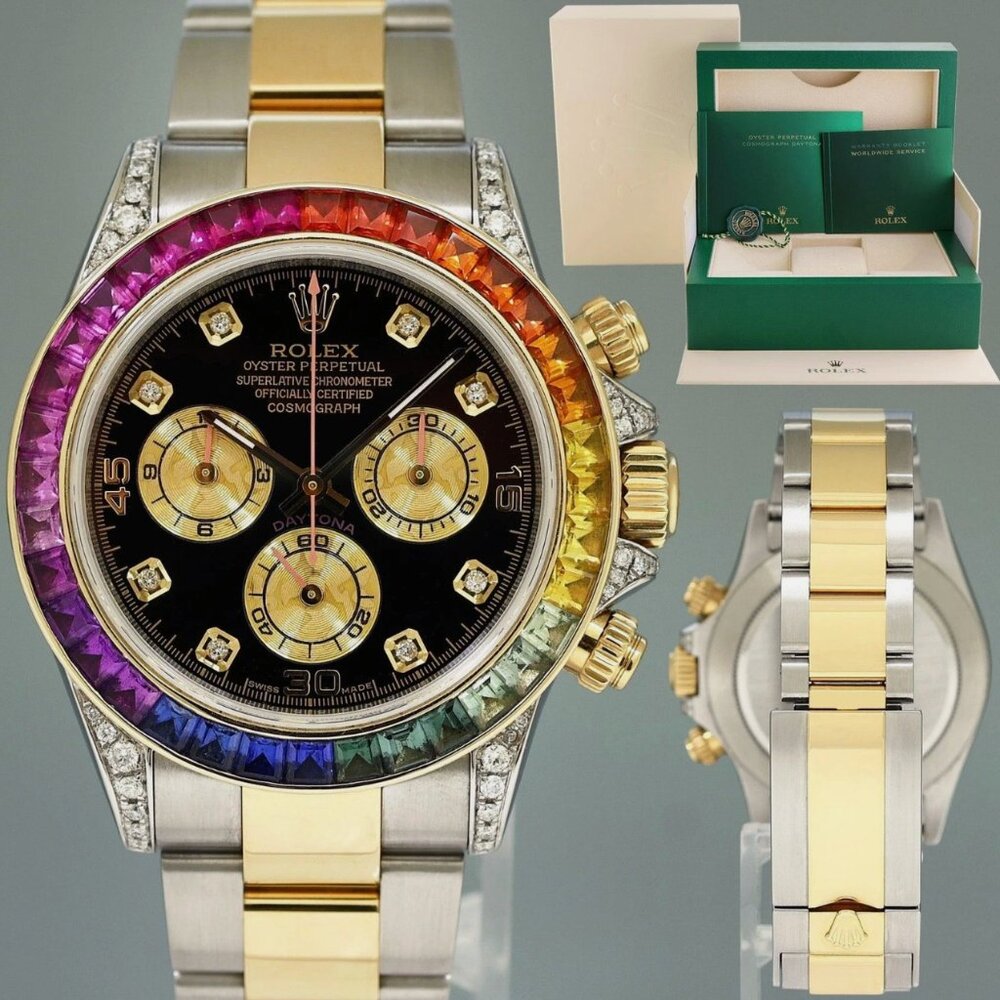 MINT Rolex Daytona Rainbow Diamond Yellow Gold Steel Sapphire 40mm Watch